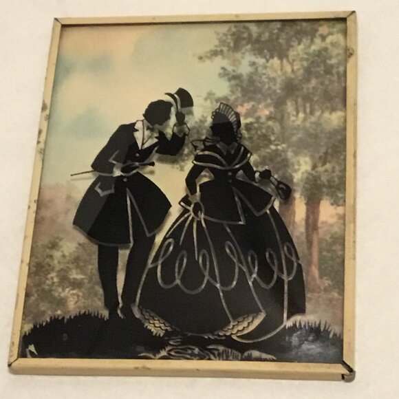 Set of vintage Convex Glass Reverse painted Silhouette Pictures Victorian scenes - Picture 8 of 16